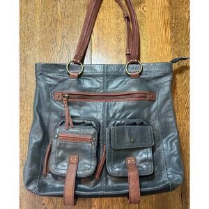 The Sak Iris Navy Blue Ultra Soft Leather Tote Bag Purse Retail $219 Brown Trim